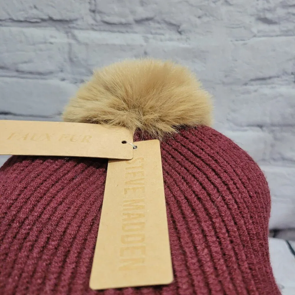 Steve Madden Women's Ribbed Furry Pom Pom Beanie